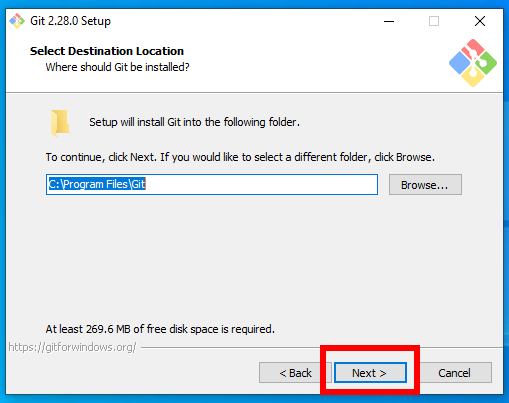 Git Windows Instalace - Installation Destination 
